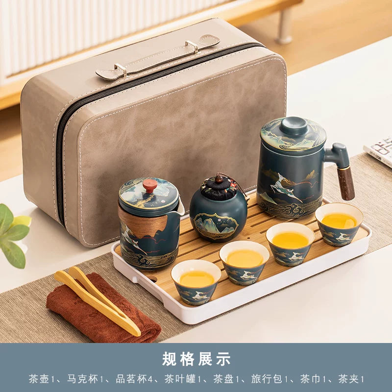 AuraKin travel portable ceramic tea set for outdoor and office tea rituals