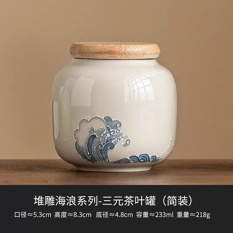 Extremely plain stacked carved wave tea can Small portable tea storage tank Moisture-proof sealed jar Hand-painted ceramic tea can - AuraKin