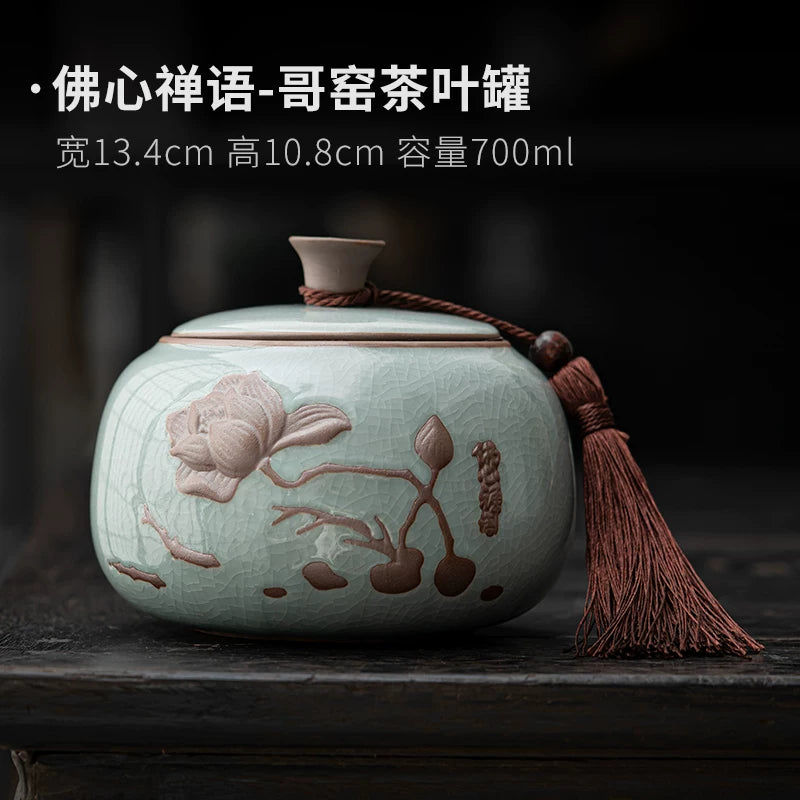 Beige Ru kiln tea sealed jar creative retro lotus tea storage tank green tea black tea universal moisture-proof tea jar - AuraKin