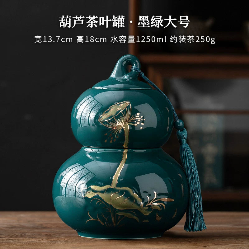 Internet celebrity feng shui porcelain pot gourd ornament ceramic tea can sealed tank tea storage tank small tea can boutique high-end - AuraKin