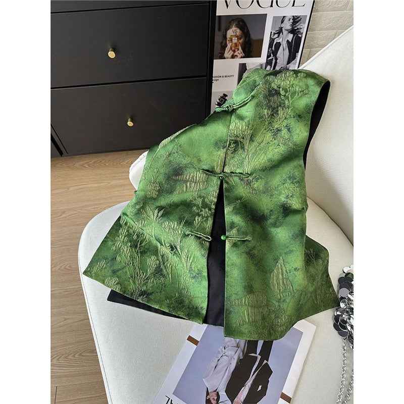 2026 early spring national style vest spring and autumn retro buckle vest high-end single-sided wear jacquard new top