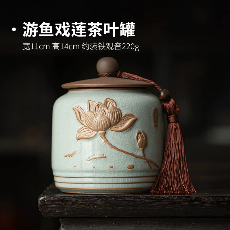Beige Ru kiln tea sealed jar creative retro lotus tea storage tank green tea black tea universal moisture-proof tea jar - AuraKin