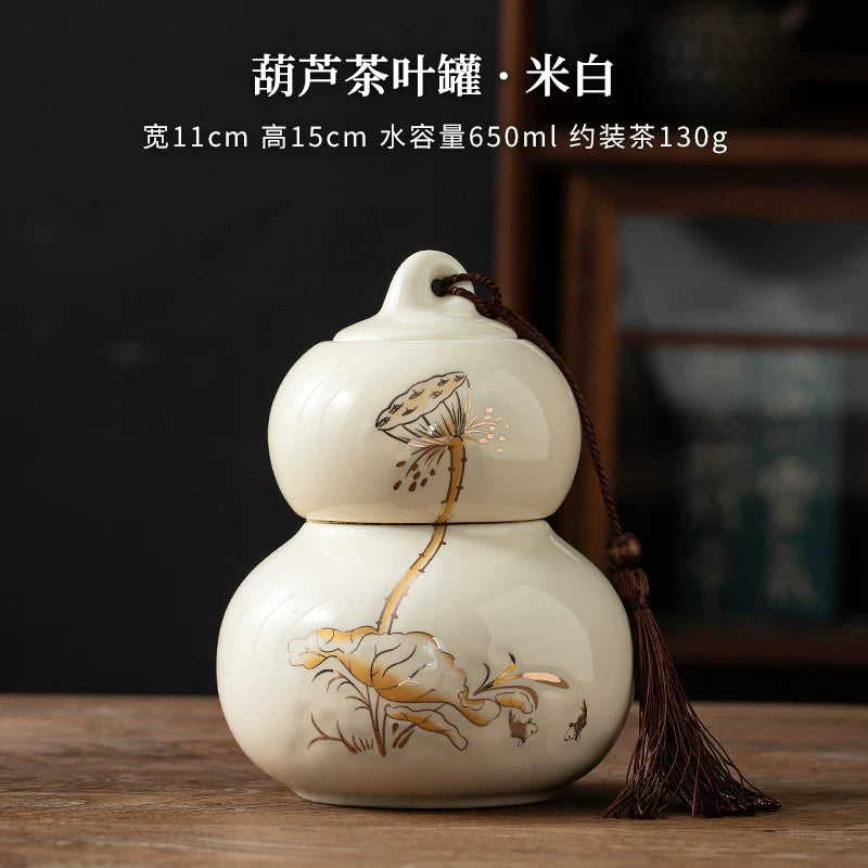 Internet celebrity feng shui porcelain pot gourd ornament ceramic tea can sealed tank tea storage tank small tea can boutique high-end - AuraKin