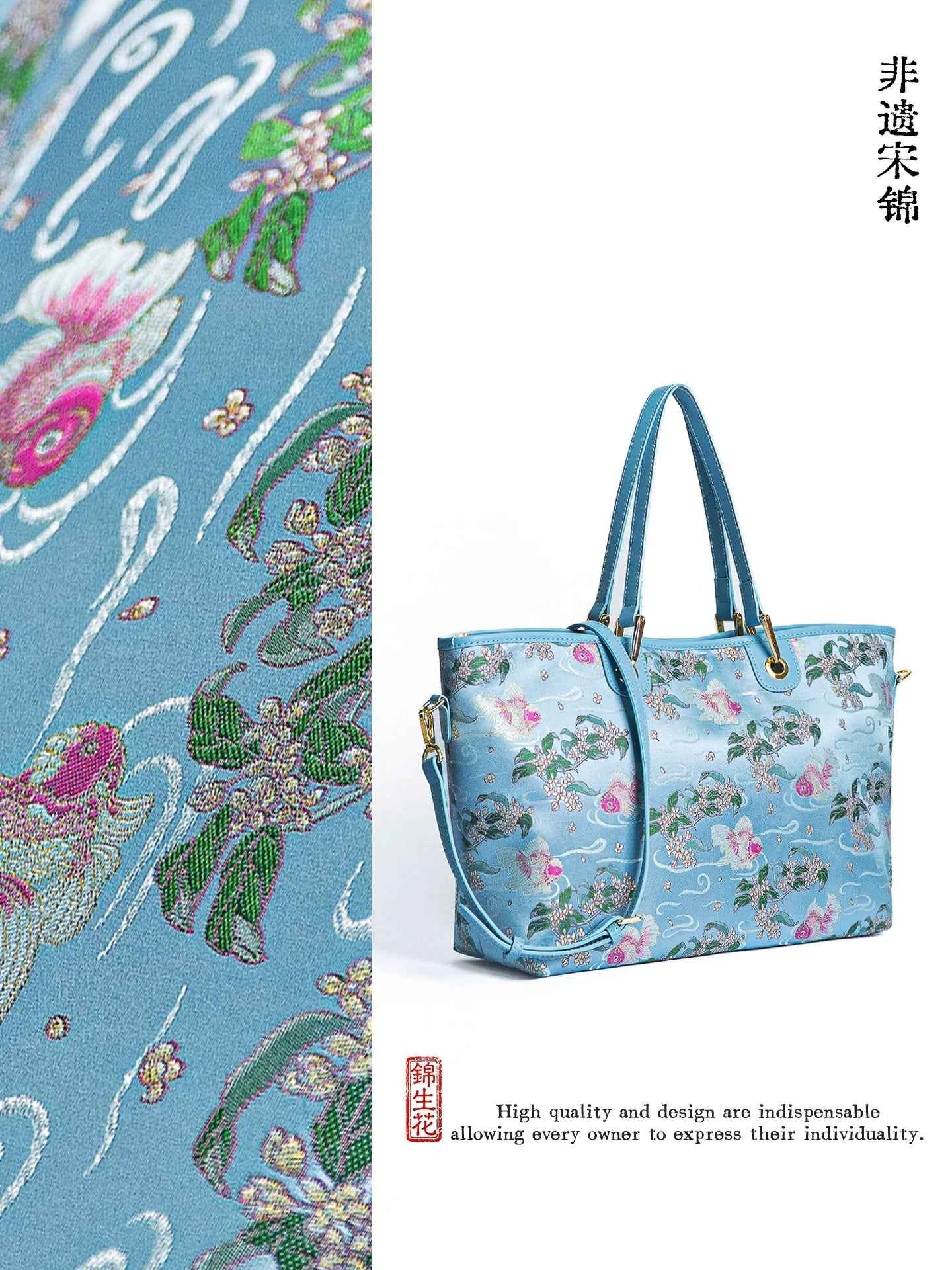Jinsheng Flower Intangible Cultural Heritage Song Jinbao Mulberry Silk Shu Jinbao New Chinese style high-end cowhide portable tote bag