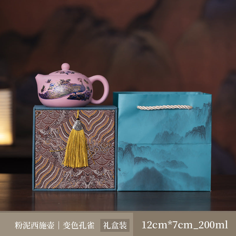 Raw ore powder mud purple clay pot, Fengming pot changes color when heated, handmade pot, peony embroidery kung fu tea set, one pot and two cups - AuraKin