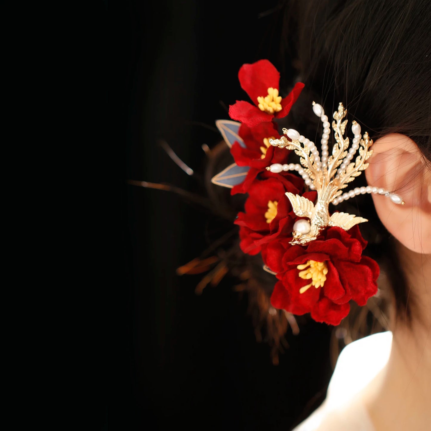 Phoenix wears peony, antique red cloth velvet hairpin flow bridal headgear Hanfu side clip atmospheric hairpin Chinese style - AuraKin