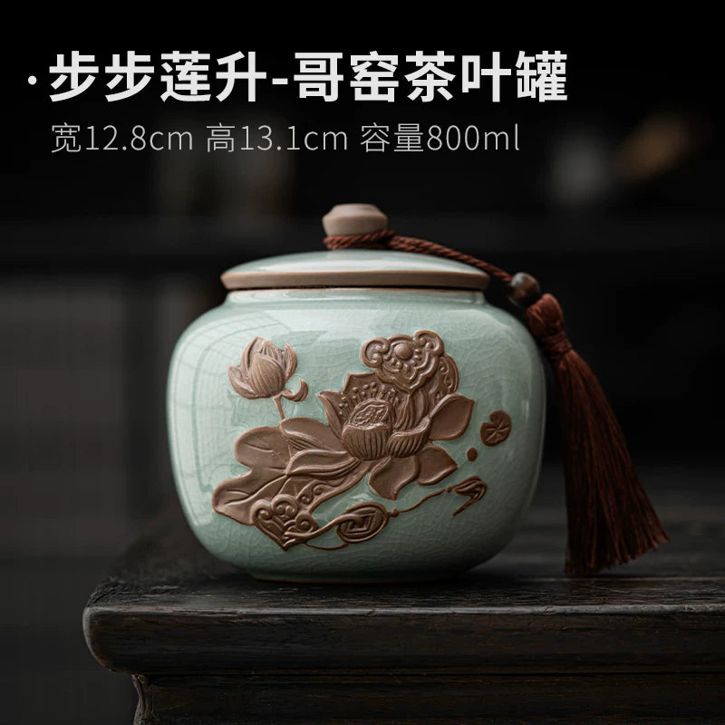 Beige Ru kiln tea sealed jar creative retro lotus tea storage tank green tea black tea universal moisture-proof tea jar - AuraKin