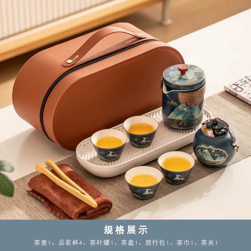 AuraKin travel portable ceramic tea set for outdoor and office tea rituals