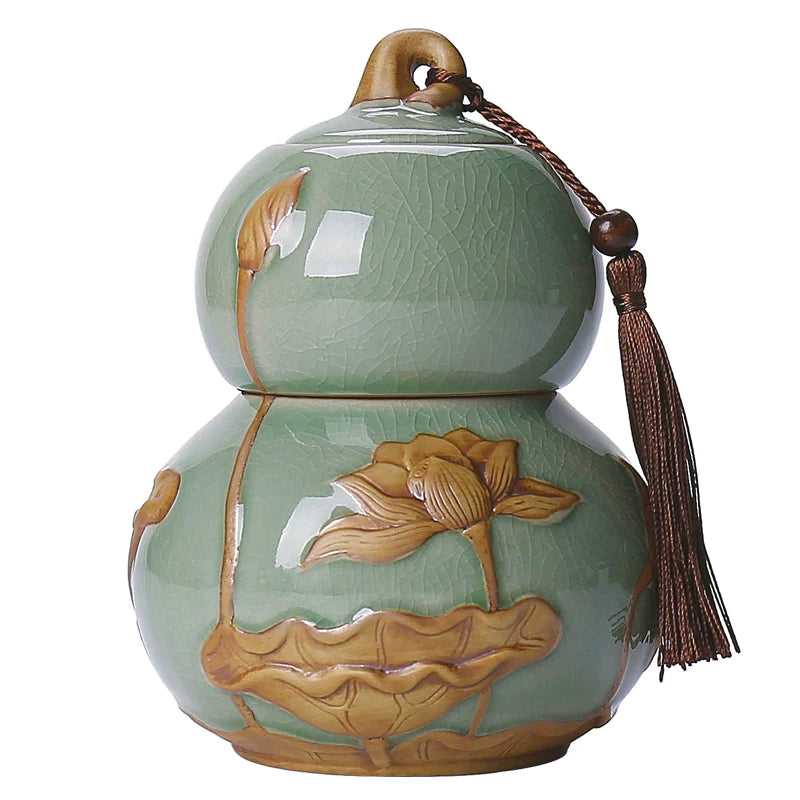 Internet celebrity feng shui porcelain pot gourd ornament ceramic tea can sealed tank tea storage tank small tea can boutique high-end - AuraKin