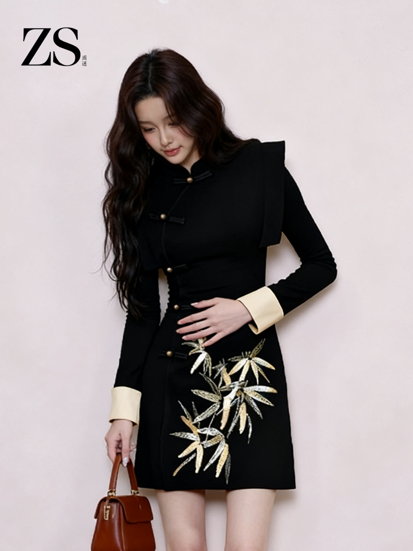 ZS quality description, Zen Buddhist women's clothing, new Chinese stand-up collar buckle dress, women's bamboo leaf improved cheongsam, wife's clothing