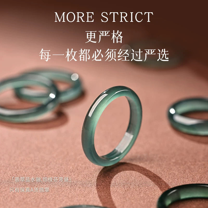 Natural blue water jadeite ring, women's ice seed vegetarian ring, ring, men's jade plain tail ring, small finger, high ice and high transparency.