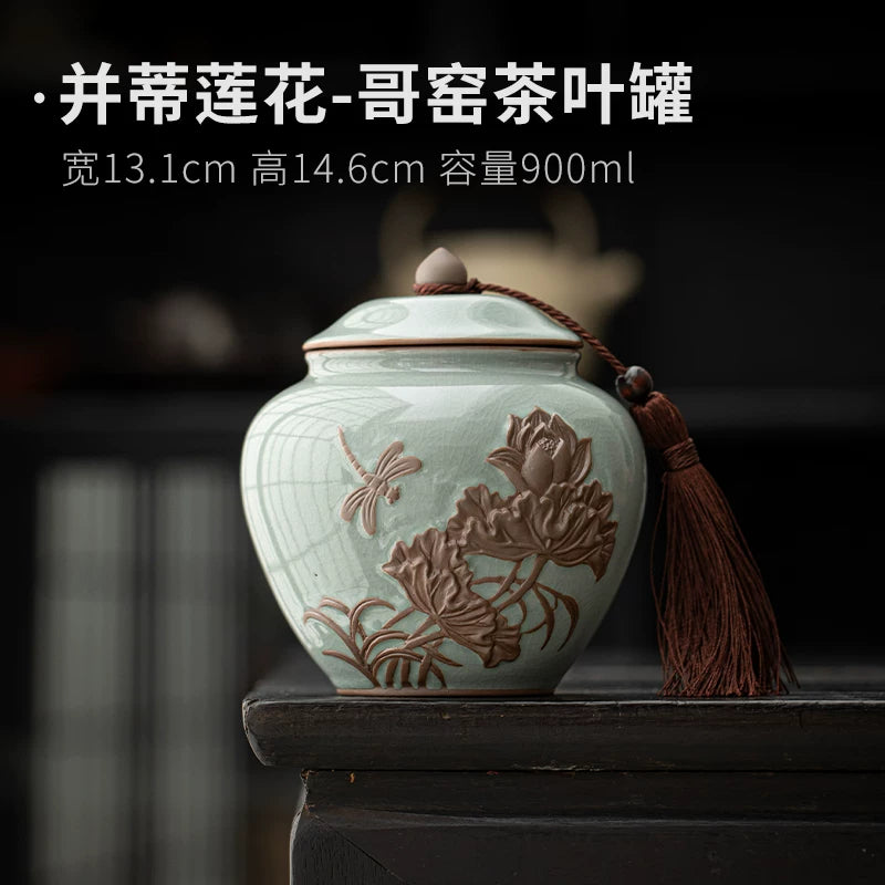 Beige Ru kiln tea sealed jar creative retro lotus tea storage tank green tea black tea universal moisture-proof tea jar - AuraKin
