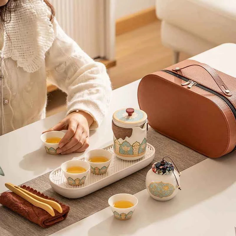 AuraKin travel portable ceramic tea set for outdoor and office tea rituals