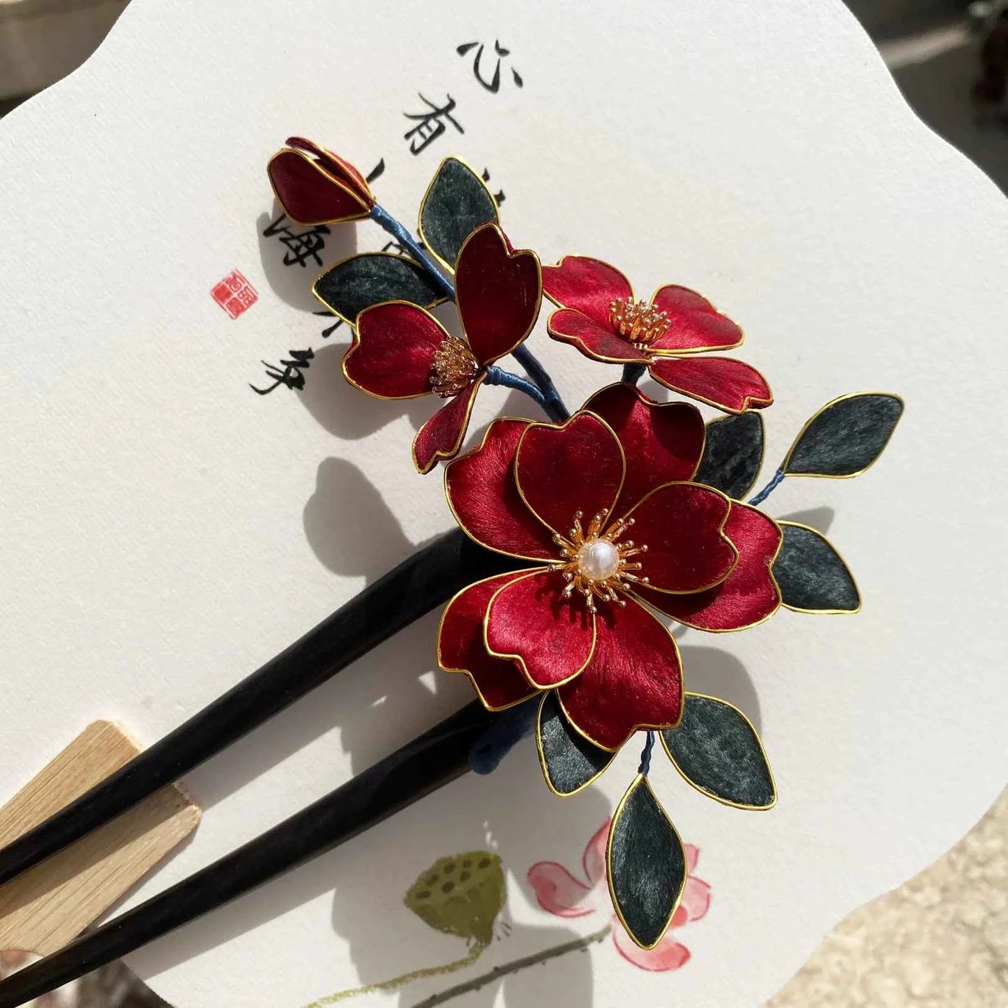 High-end national style intangible cultural heritage fluff pure handmade hairpin headdress accessories hairpin retro bride red