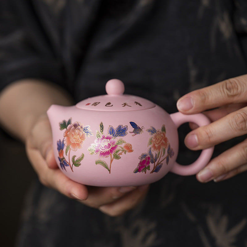 Raw ore powder mud purple clay pot, Fengming pot changes color when heated, handmade pot, peony embroidery kung fu tea set, one pot and two cups - AuraKin