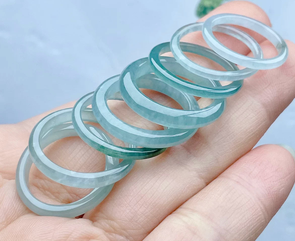 Natural jadeite ice blue ring clear water ring women's thin edge thin strip ice waxy double color ring can be selected narrow edge jade ring