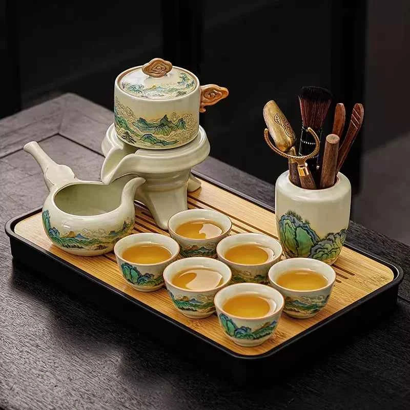 Ru kiln tea set household light luxury high-end Kung Fu tea cup thousand miles Jiangshan gift box housewarming for elders and fathers