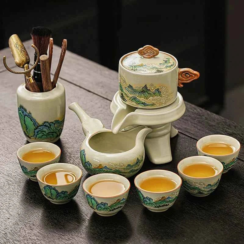 Ru kiln tea set household light luxury high-end Kung Fu tea cup thousand miles Jiangshan gift box housewarming for elders and fathers