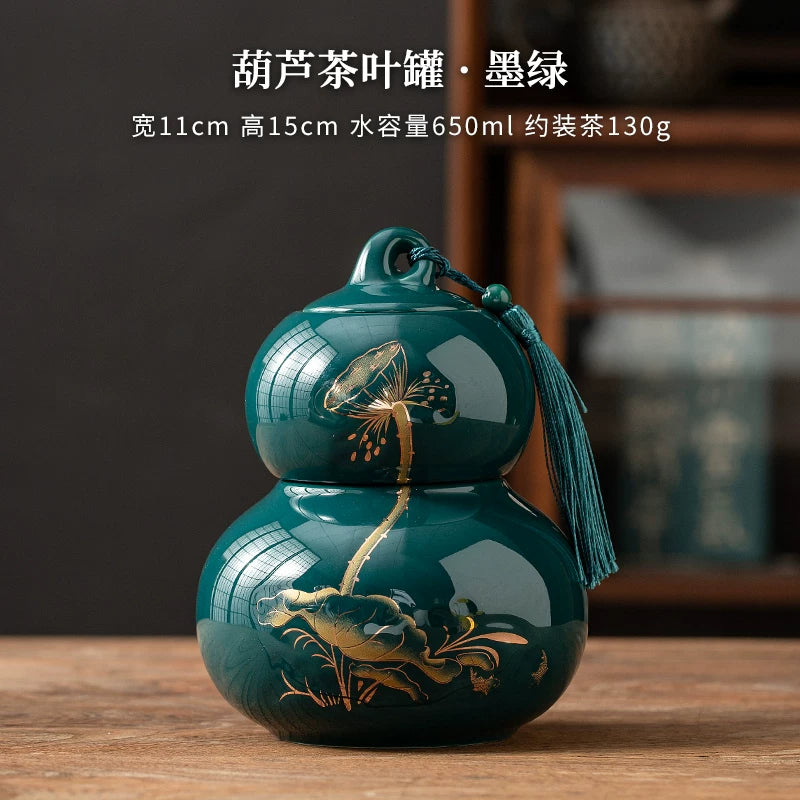Internet celebrity feng shui porcelain pot gourd ornament ceramic tea can sealed tank tea storage tank small tea can boutique high-end - AuraKin