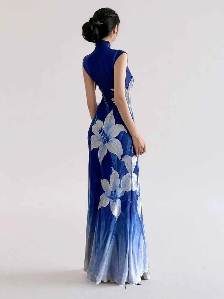 New Chinese style cool plant floral cheongsam dress blue gradual change sleeveless dress women