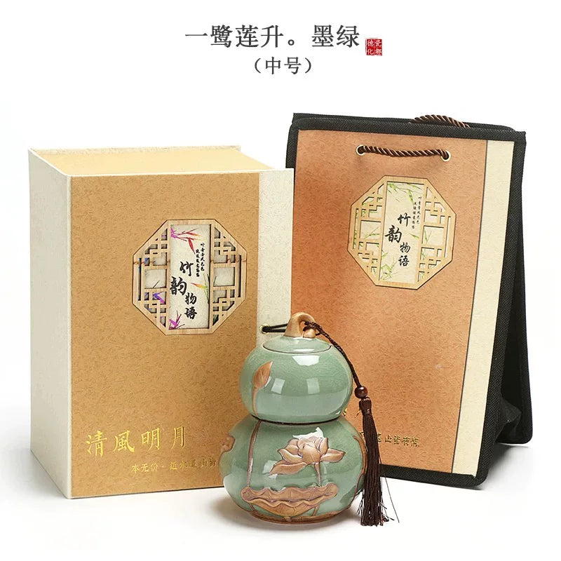 Internet celebrity feng shui porcelain pot gourd ornament ceramic tea can sealed tank tea storage tank small tea can boutique high-end - AuraKin