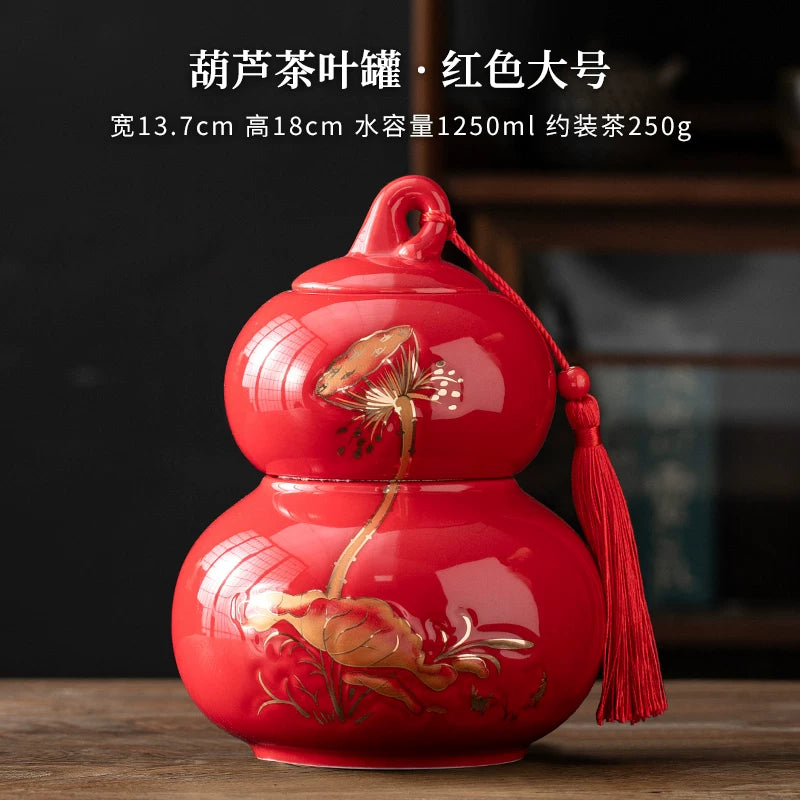 Internet celebrity feng shui porcelain pot gourd ornament ceramic tea can sealed tank tea storage tank small tea can boutique high-end - AuraKin
