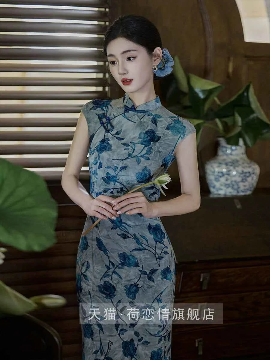 Blue cheongsam women's new Chinese-style improved dress summer large size elastic slim daily 2026 new model is very good-looking
