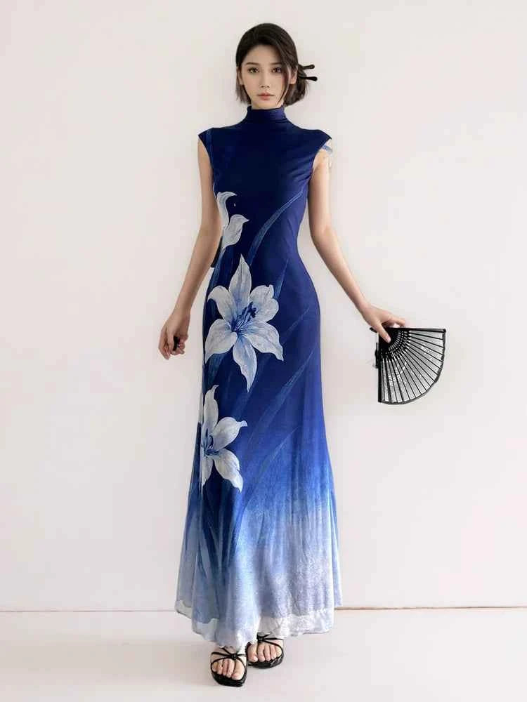 New Chinese style cool plant floral cheongsam dress blue gradual change sleeveless dress women