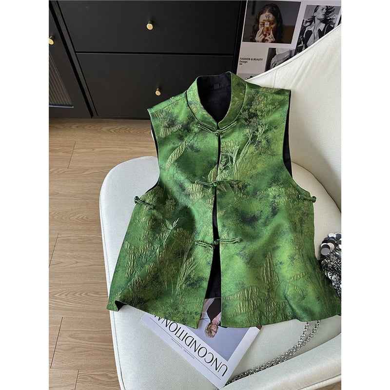 2026 early spring national style vest spring and autumn retro buckle vest high-end single-sided wear jacquard new top