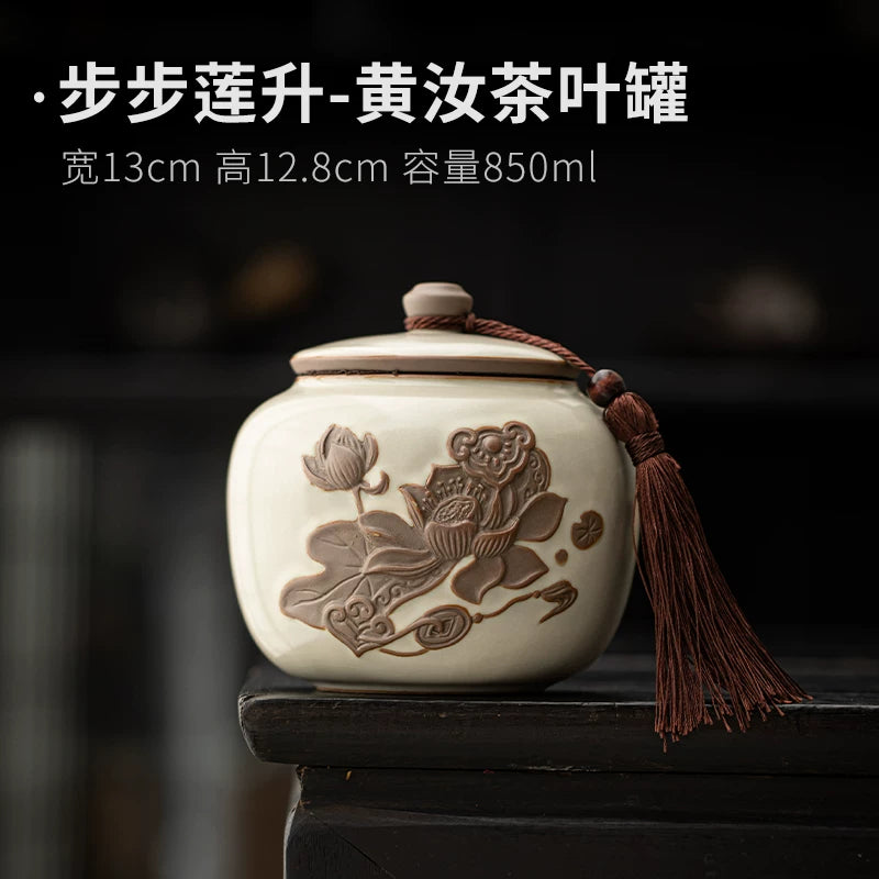 Beige Ru kiln tea sealed jar creative retro lotus tea storage tank green tea black tea universal moisture-proof tea jar - AuraKin