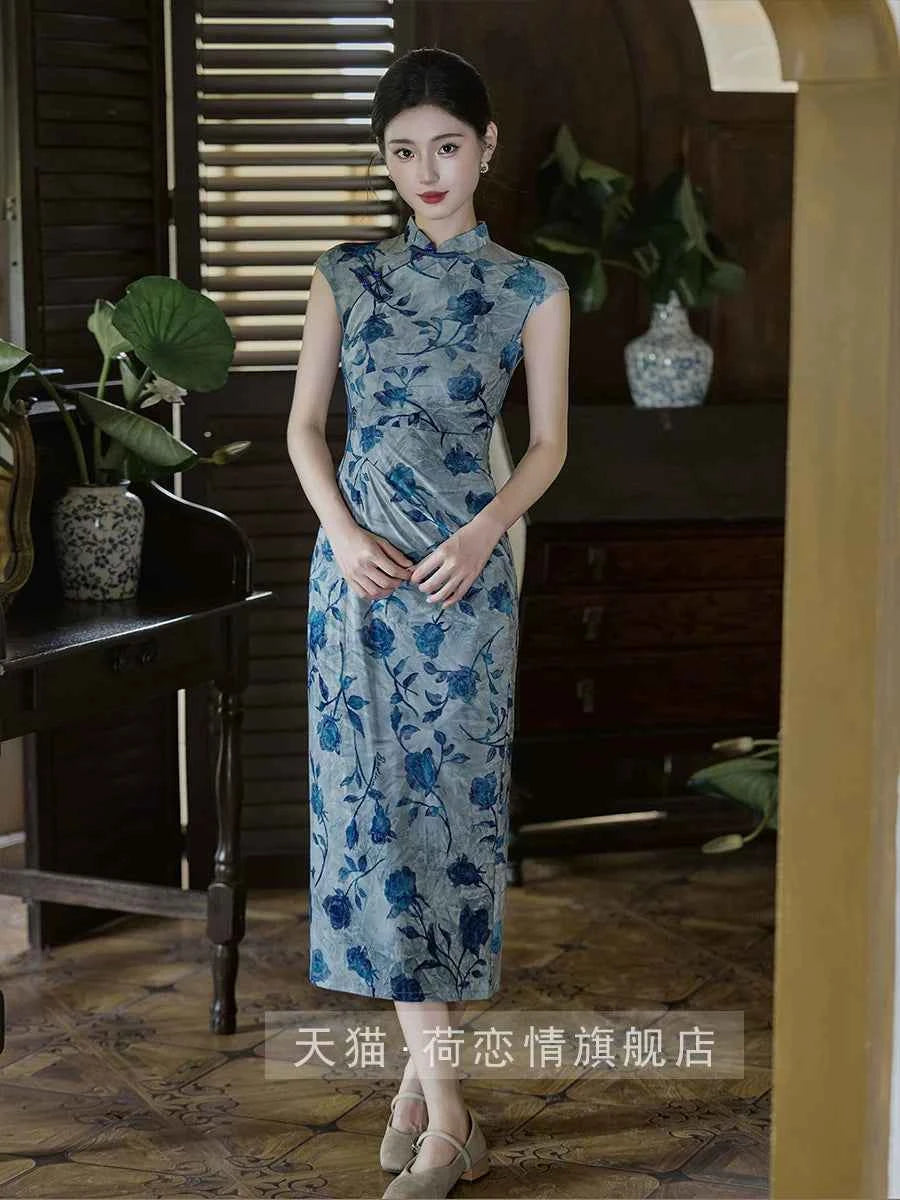 Blue cheongsam women's new Chinese-style improved dress summer large size elastic slim daily 2026 new model is very good-looking