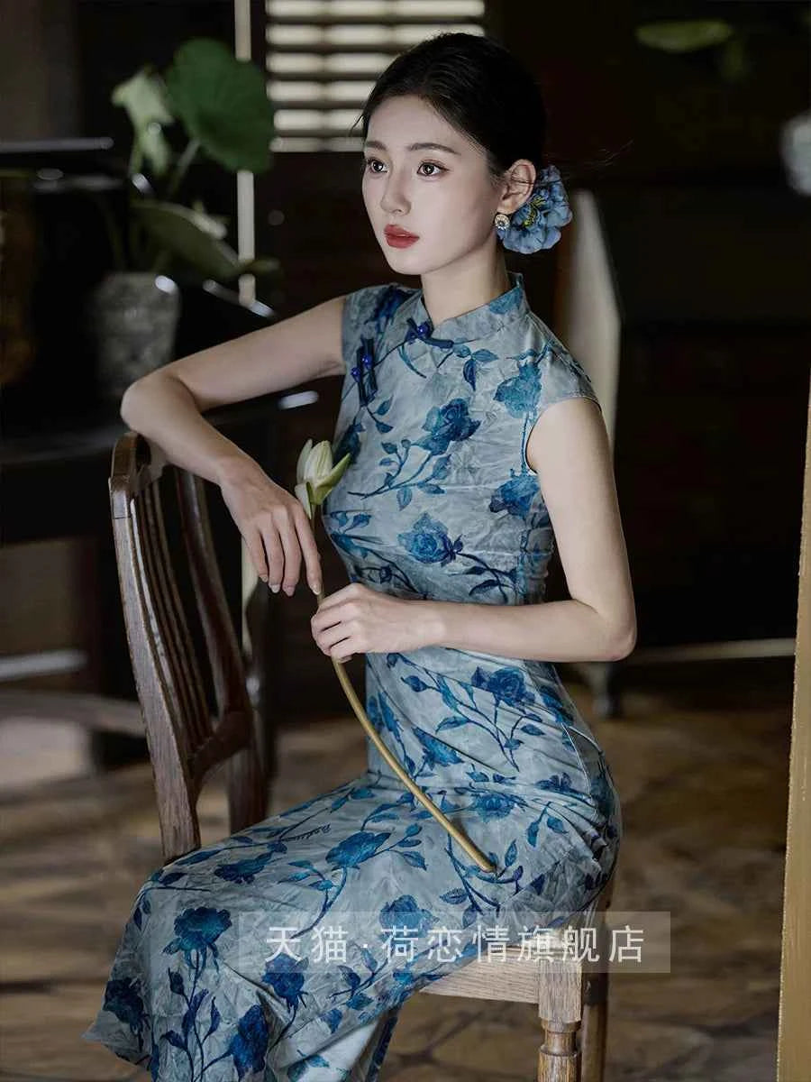 Blue cheongsam women's new Chinese-style improved dress summer large size elastic slim daily 2026 new model is very good-looking