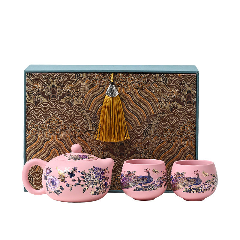 Raw ore powder mud purple clay pot, Fengming pot changes color when heated, handmade pot, peony embroidery kung fu tea set, one pot and two cups - AuraKin