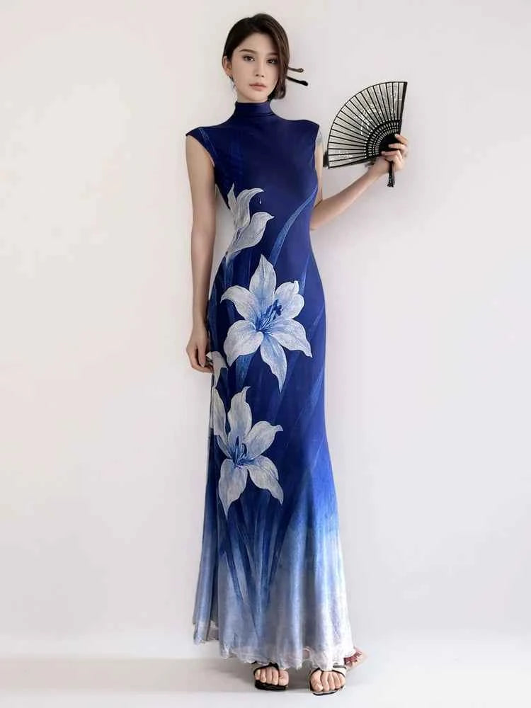 New Chinese style cool plant floral cheongsam dress blue gradual change sleeveless dress women