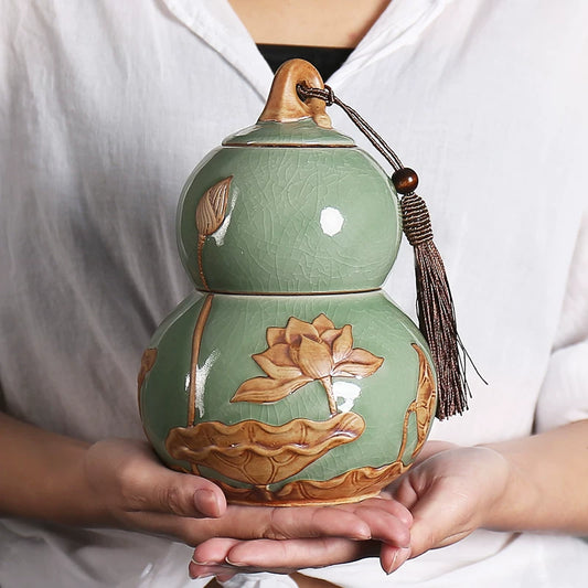 Internet celebrity feng shui porcelain pot gourd ornament ceramic tea can sealed tank tea storage tank small tea can boutique high-end - AuraKin