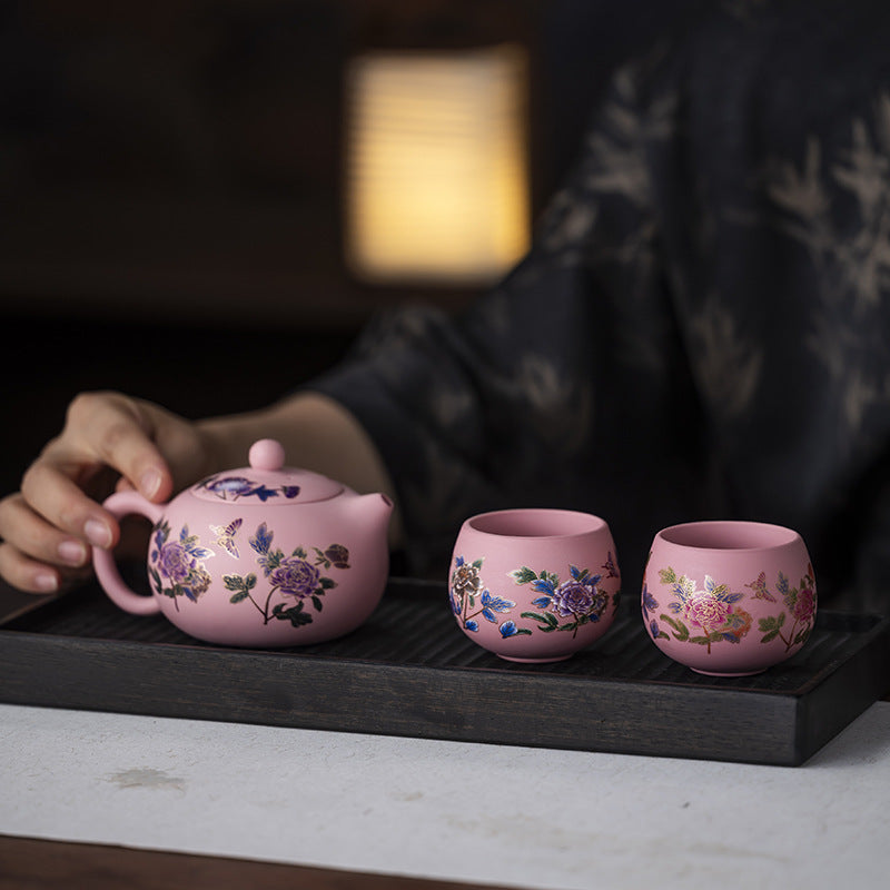 Raw ore powder mud purple clay pot, Fengming pot changes color when heated, handmade pot, peony embroidery kung fu tea set, one pot and two cups - AuraKin