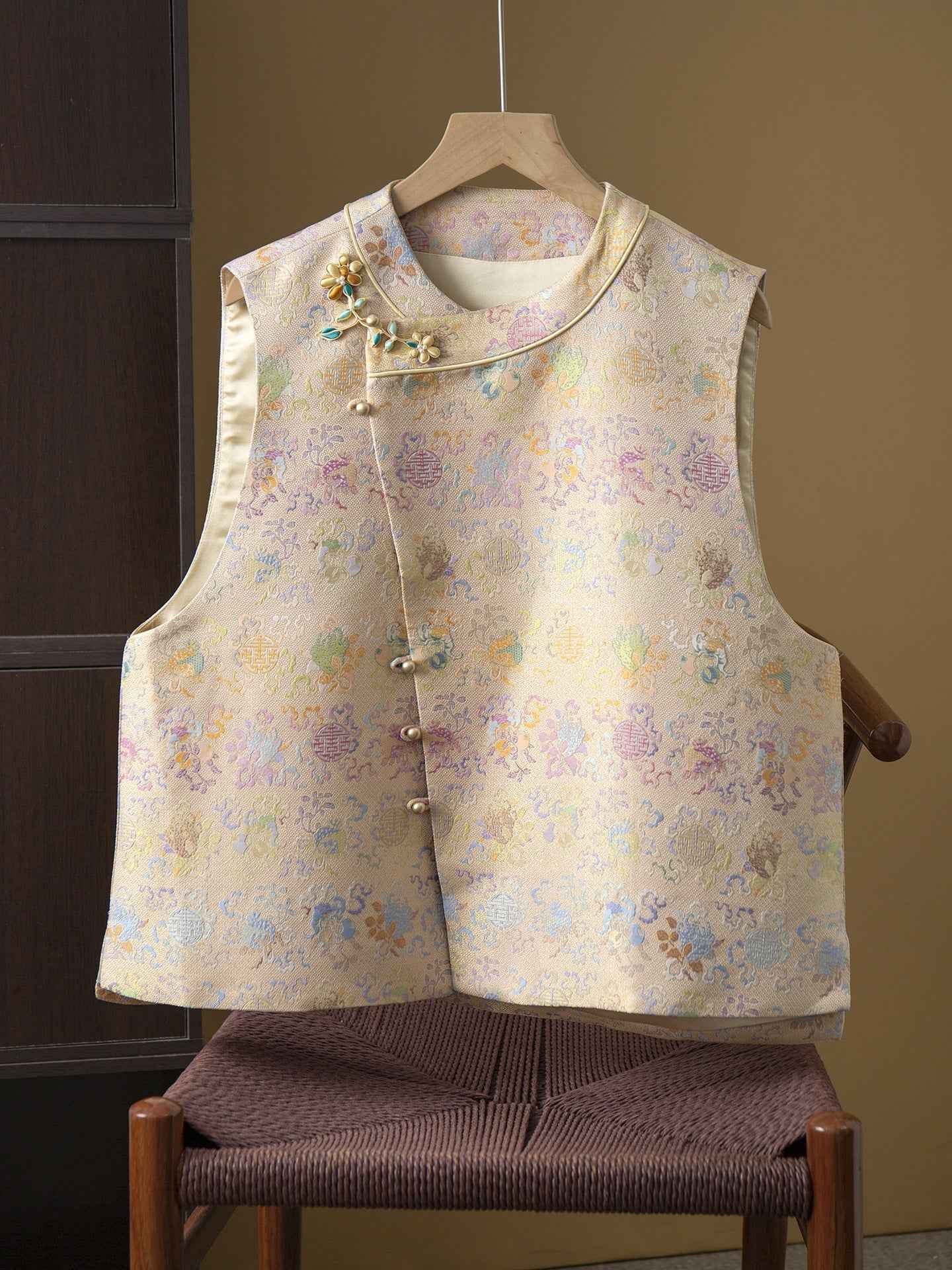 Silk Song Jin Jacquard Vest Women's 100% Mulberry Silk Weaving Gold National Style New Chinese Vest Jacket Cardigan Spring