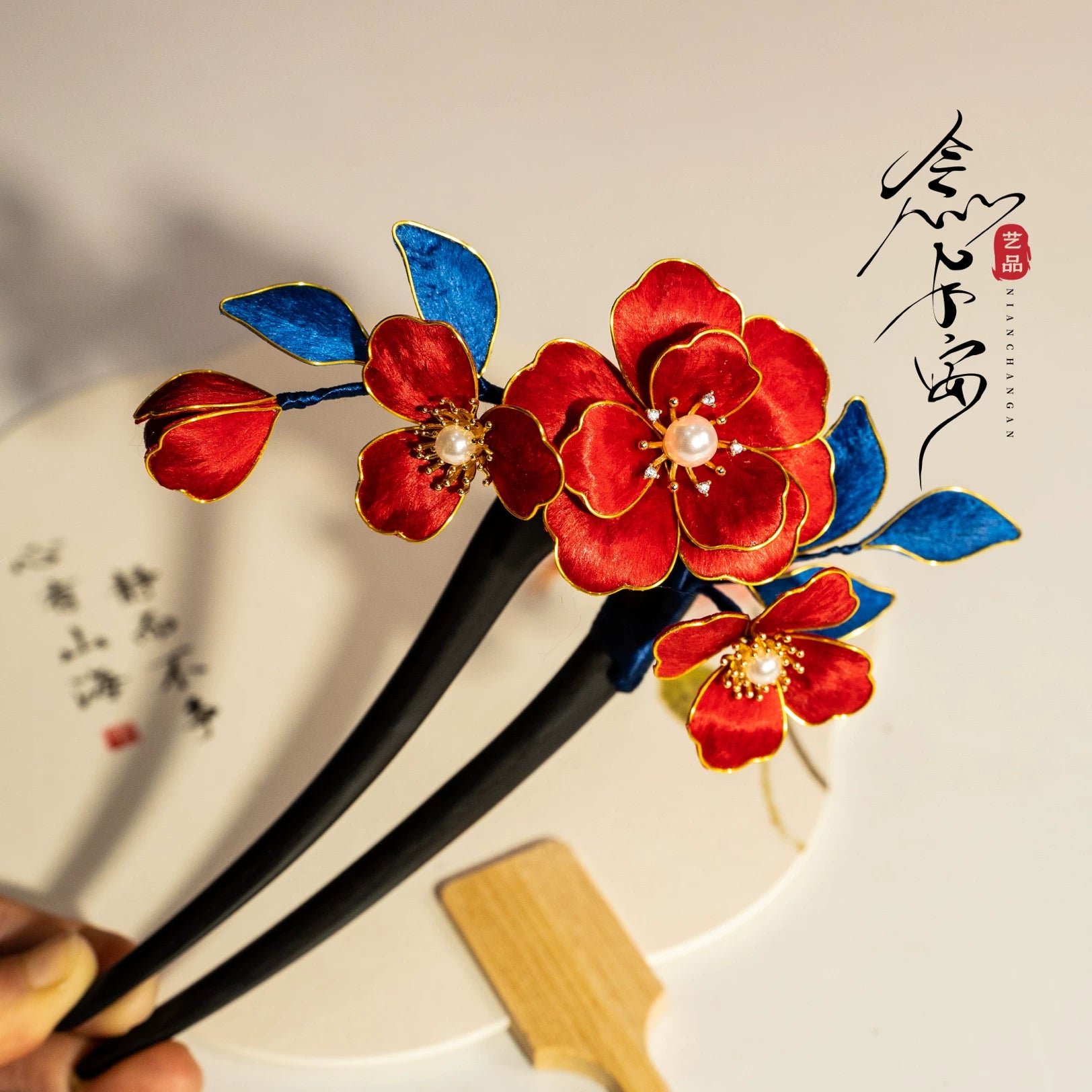 High-end national style intangible cultural heritage fluff pure handmade hairpin headdress accessories hairpin retro bride red - AuraKin