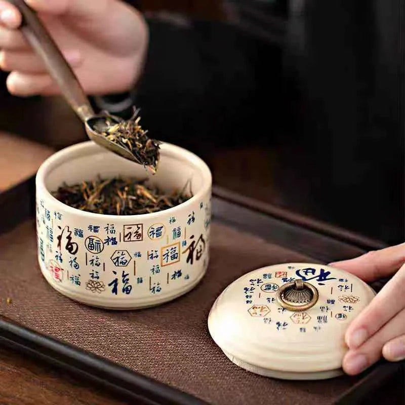 Chinese Guochao Mini Baifu Tea Can Ceramic Sealed Jar Red and Green Tea Storage Tea Can Household Boutique Moisture-proof Jar