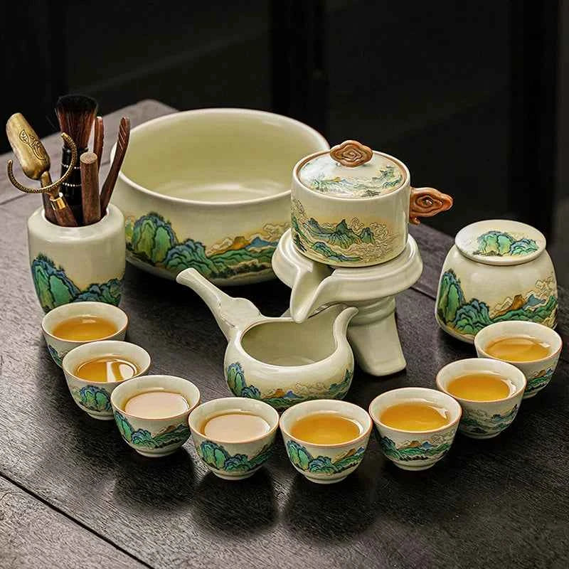 Ru kiln tea set household light luxury high-end Kung Fu tea cup thousand miles Jiangshan gift box housewarming for elders and fathers