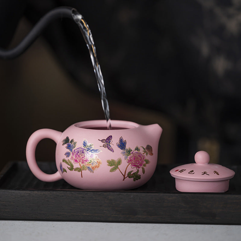 Raw ore powder mud purple clay pot, Fengming pot changes color when heated, handmade pot, peony embroidery kung fu tea set, one pot and two cups - AuraKin