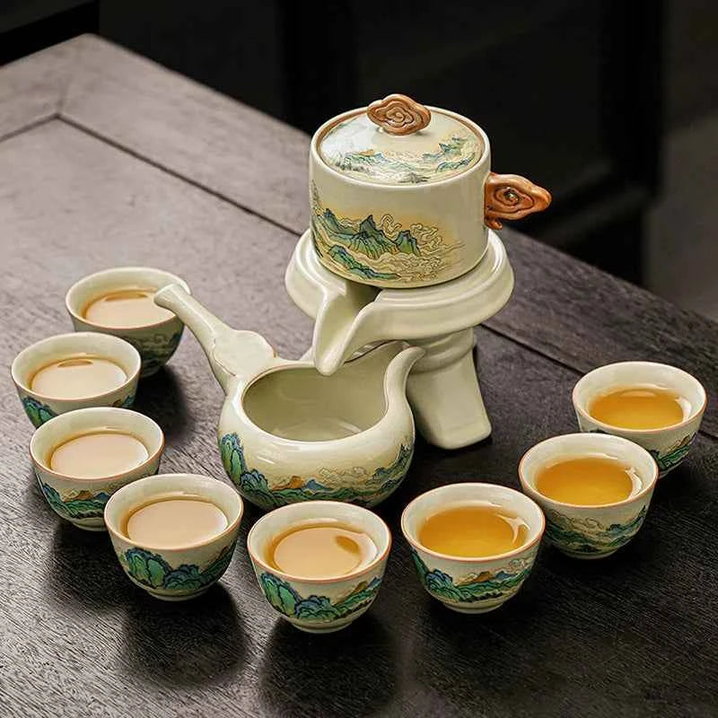 Ru kiln tea set household light luxury high-end Kung Fu tea cup thousand miles Jiangshan gift box housewarming for elders and fathers