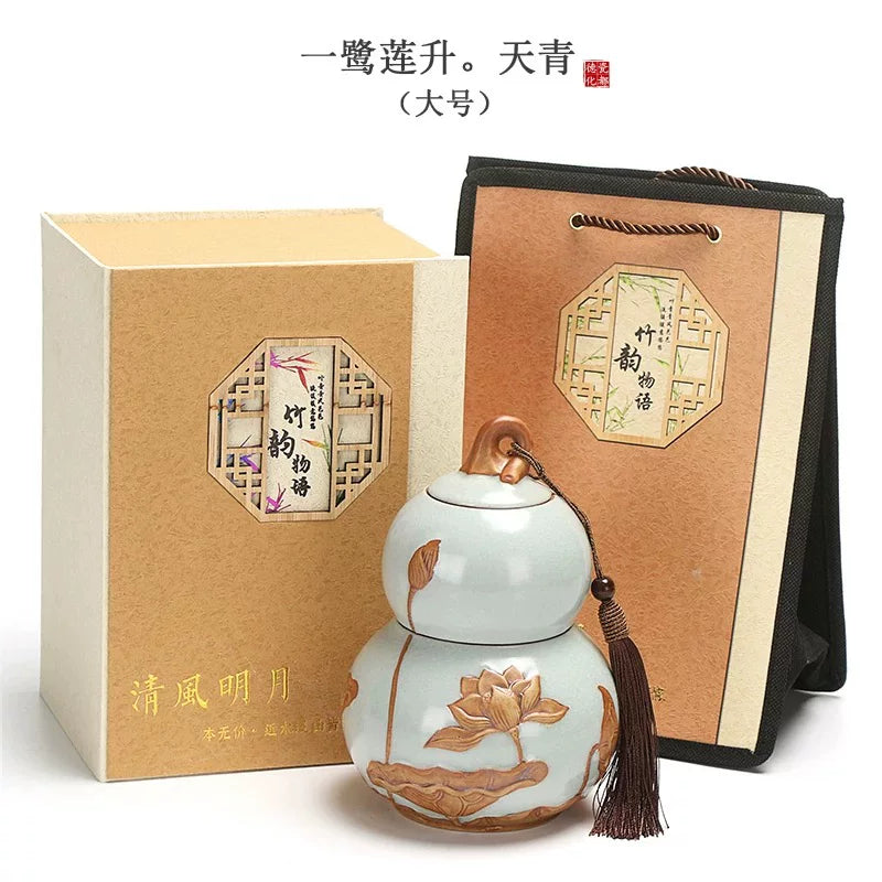 Internet celebrity feng shui porcelain pot gourd ornament ceramic tea can sealed tank tea storage tank small tea can boutique high-end - AuraKin