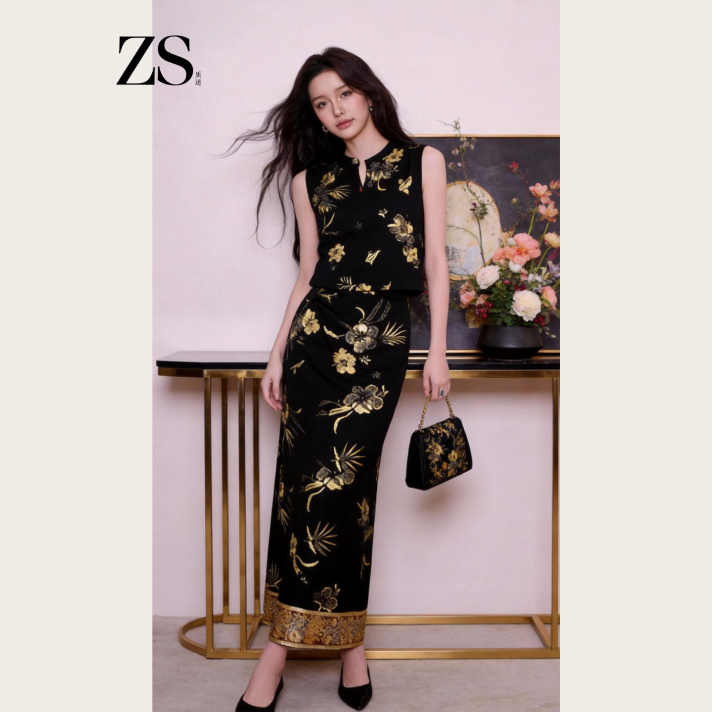 Quality description a complete set of new Chinese style ootd wear with bronzing printing improved vest & skirt two-piece set