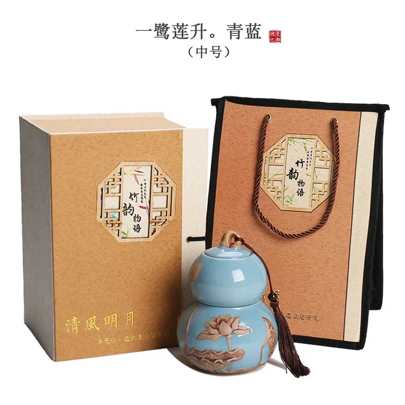 Internet celebrity feng shui porcelain pot gourd ornament ceramic tea can sealed tank tea storage tank small tea can boutique high-end - AuraKin