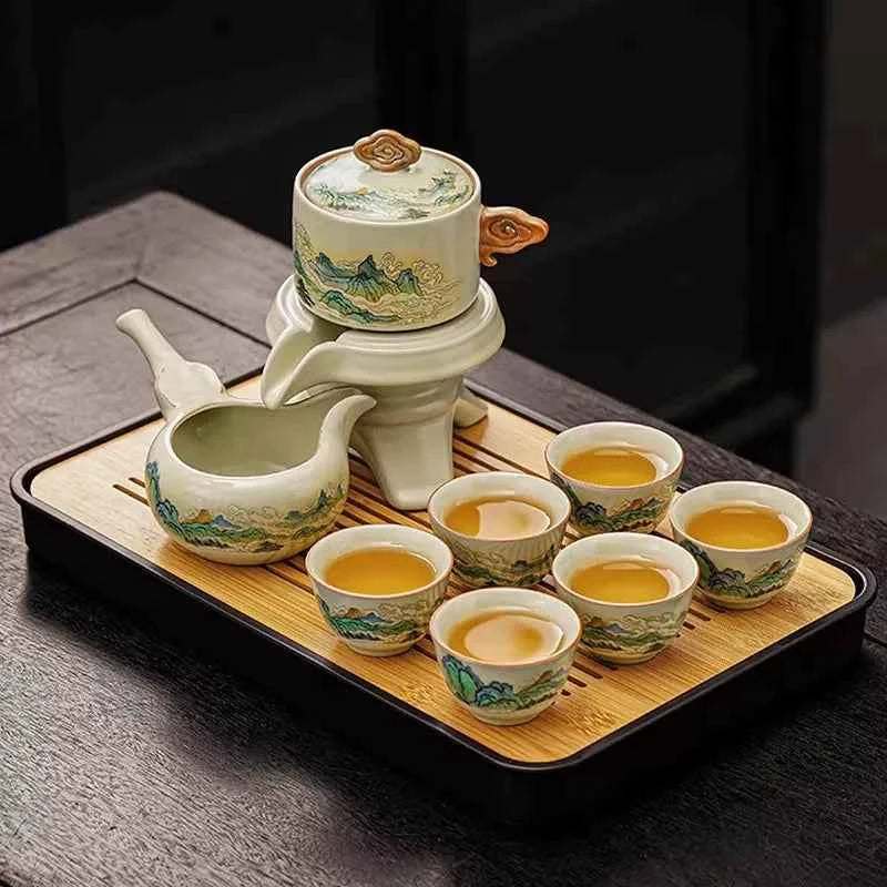 Ru kiln tea set household light luxury high-end Kung Fu tea cup thousand miles Jiangshan gift box housewarming for elders and fathers