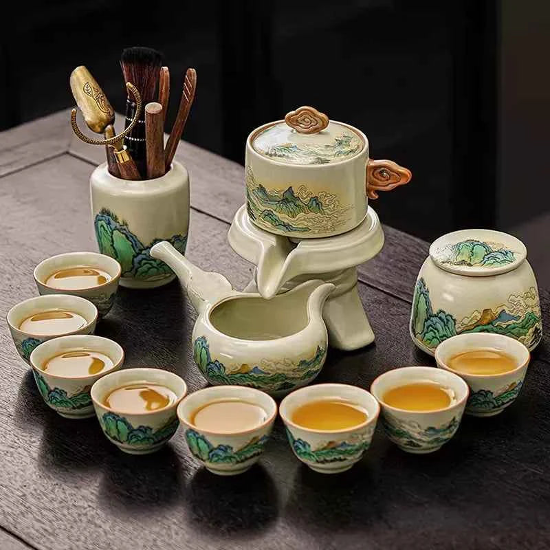 Ru kiln tea set household light luxury high-end Kung Fu tea cup thousand miles Jiangshan gift box housewarming for elders and fathers