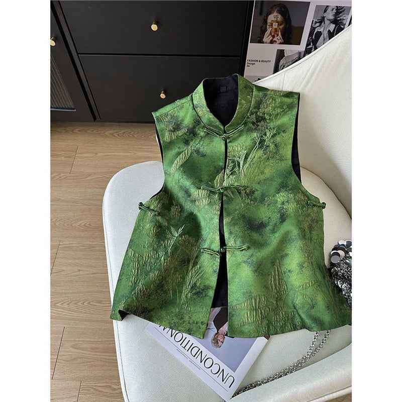 2026 early spring national style vest spring and autumn retro buckle vest high-end single-sided wear jacquard new top