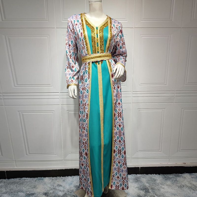 Turkey Dubai women's two-piece robe light luxury hot diamond Xinjiang dress skirt retro printing Arabic suit middle - AuraKin