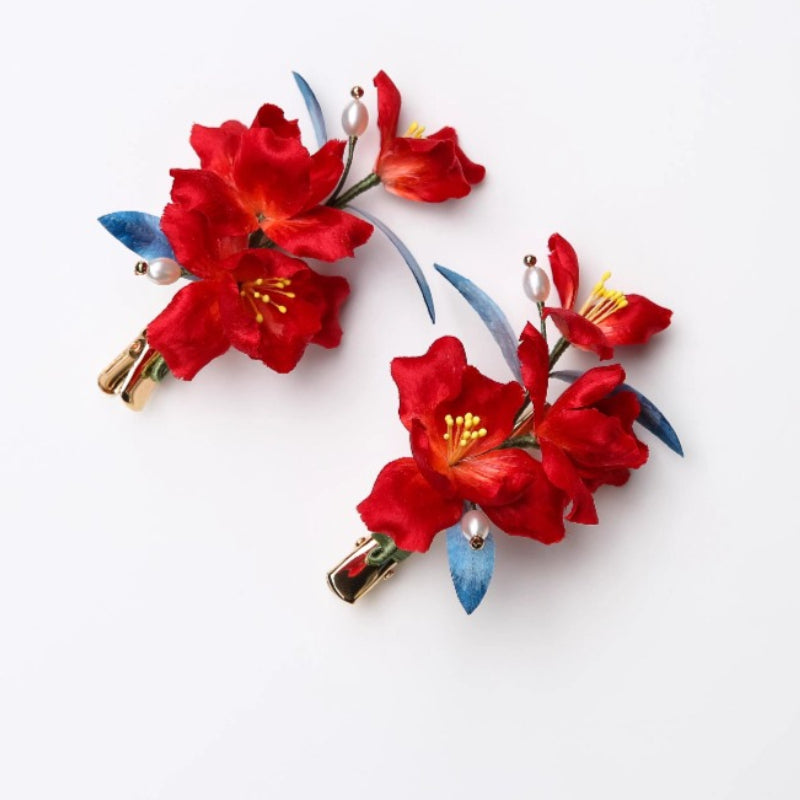 Handmade Intangible Cultural Heritage Edelweiss Hairpin Red Iris Antique Bridal Headgear Low Maruko Hair Accessories - AuraKin